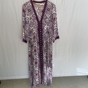 Odd Molly Boho Satin Paisley Button Front Maxi Dress Purple White Size Small